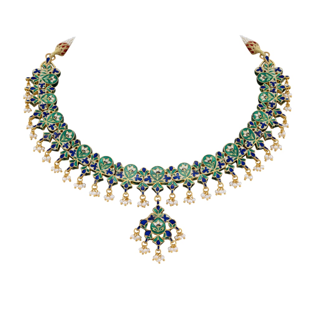 Polki Necklace with Red Enamel and Pearl Bead Clusters